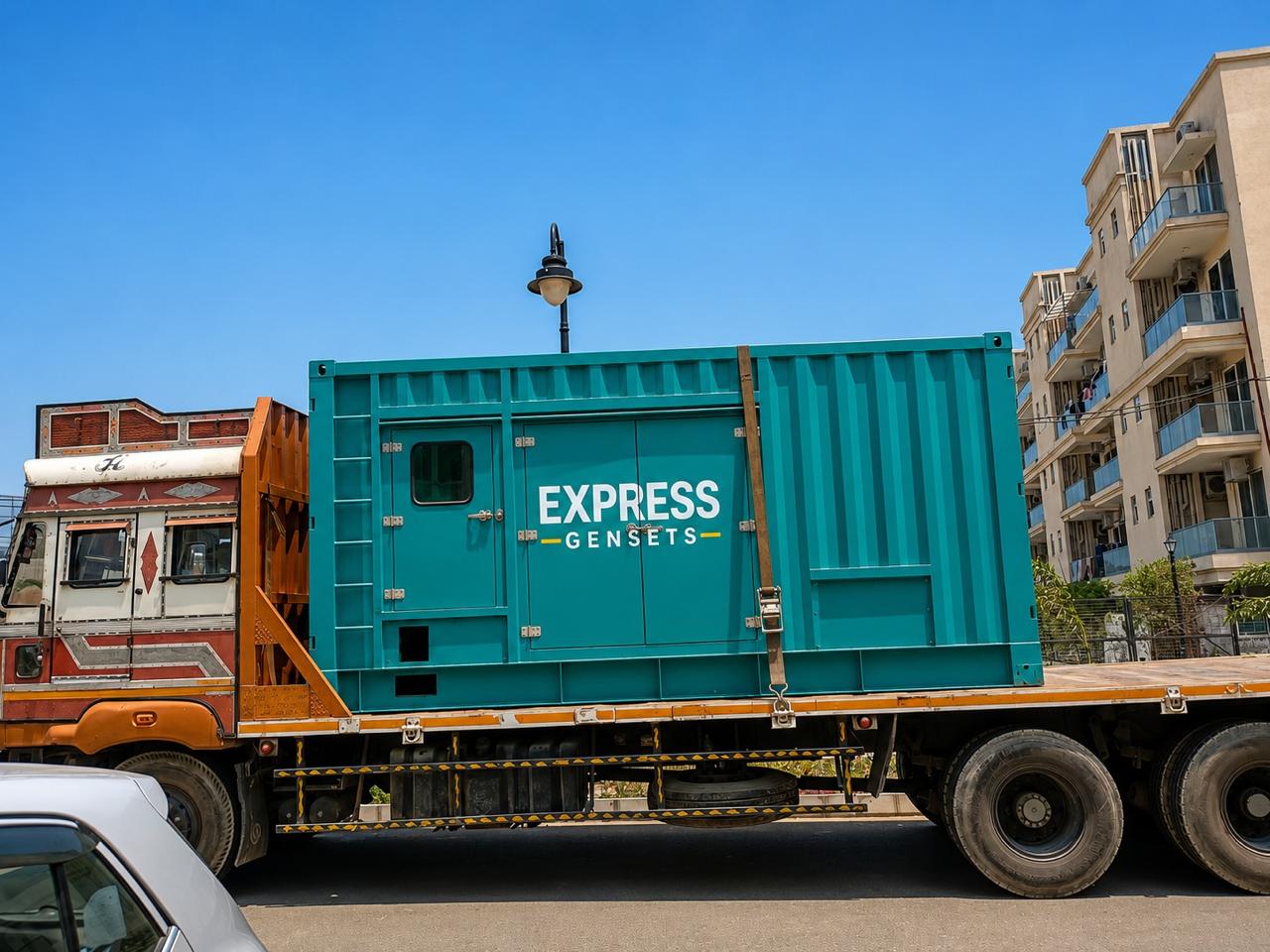 Express Gensets containerized DG set in transit to a customer site in Delhi NCR