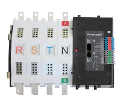 Smartgen SGQ-series 4-pole ATS panel with built-in changeover controller — R, S, T, N contacts visible
