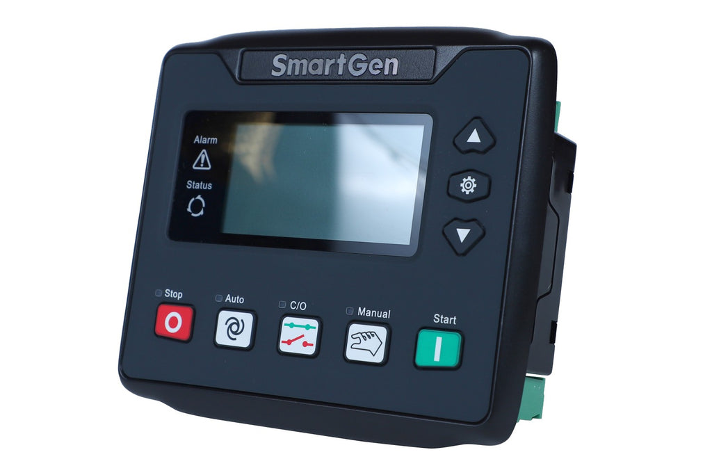 Smartgen HGM410N genset controller — angled view showing LCD display, control buttons and side connectors