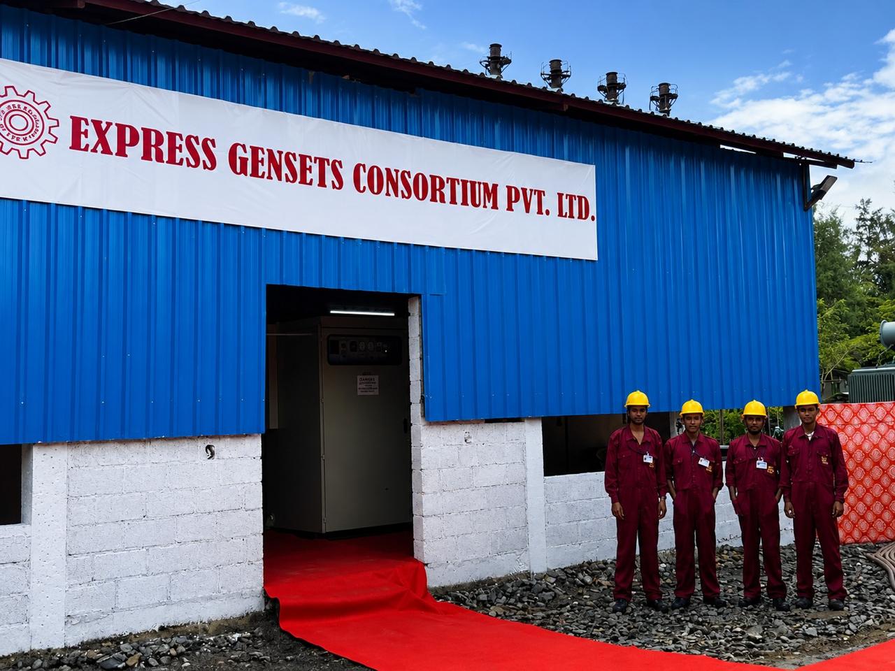 Express Gensets Consortium installation crew at the facility entrance — Express family of companies